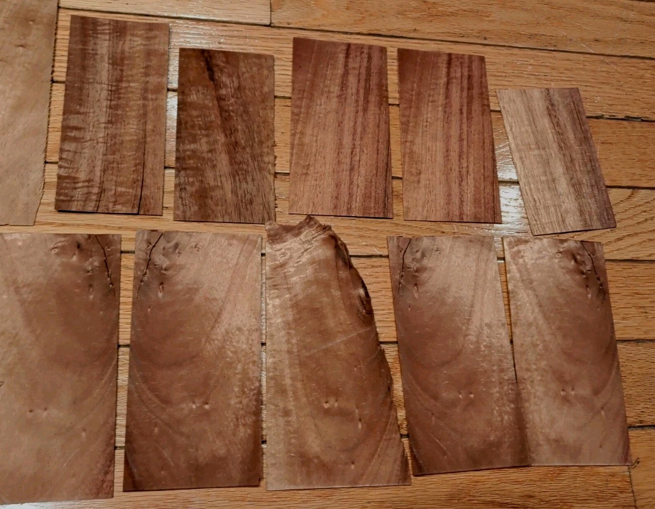 8 pieces Koa wood veneer 2" x 6" & 3" raw some 1/42" + 9 more pieces cracks