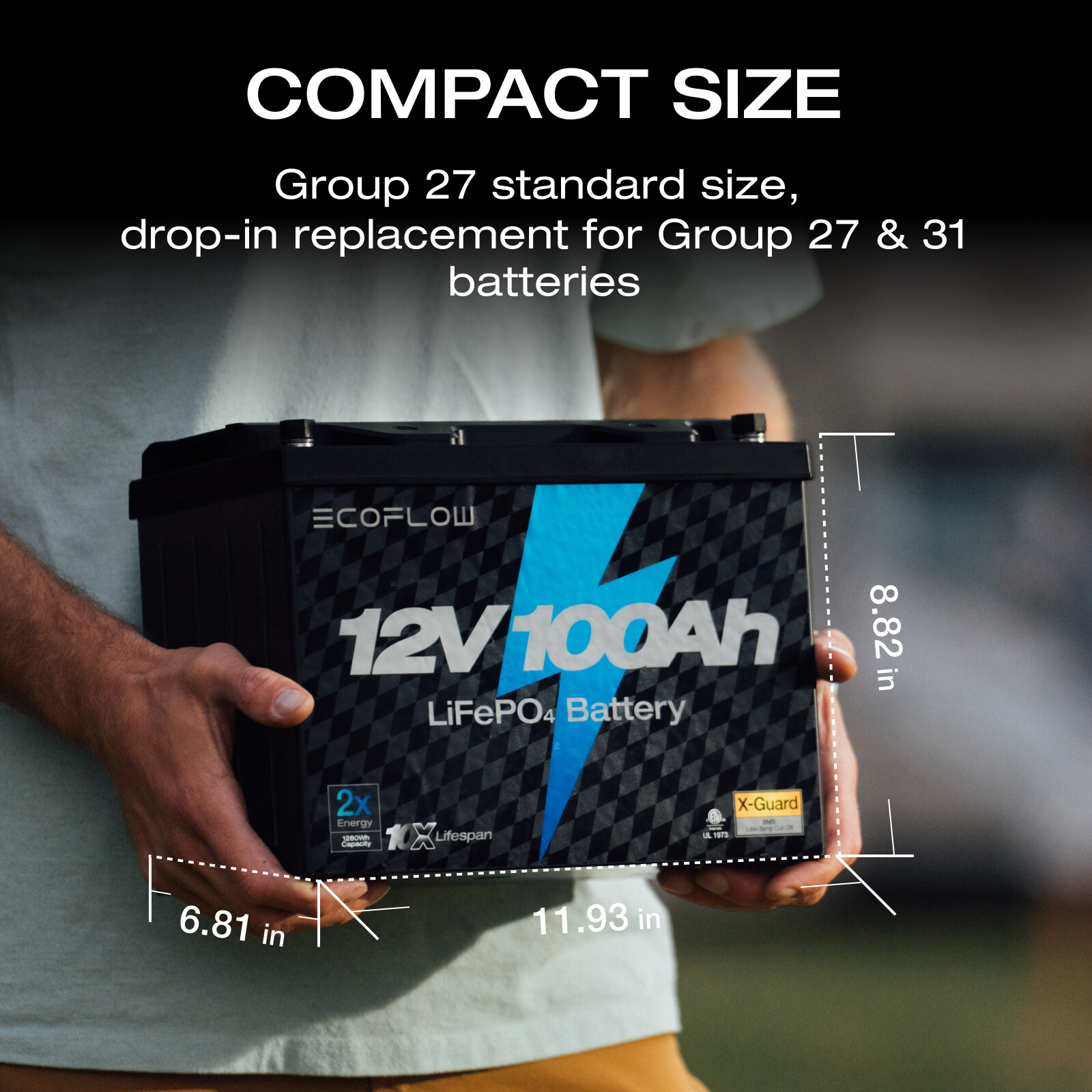 EcoFlow 12V 100Ah LiFePO4 Deep Cycle Lithium Battery BMS For RVs Trolling Motor