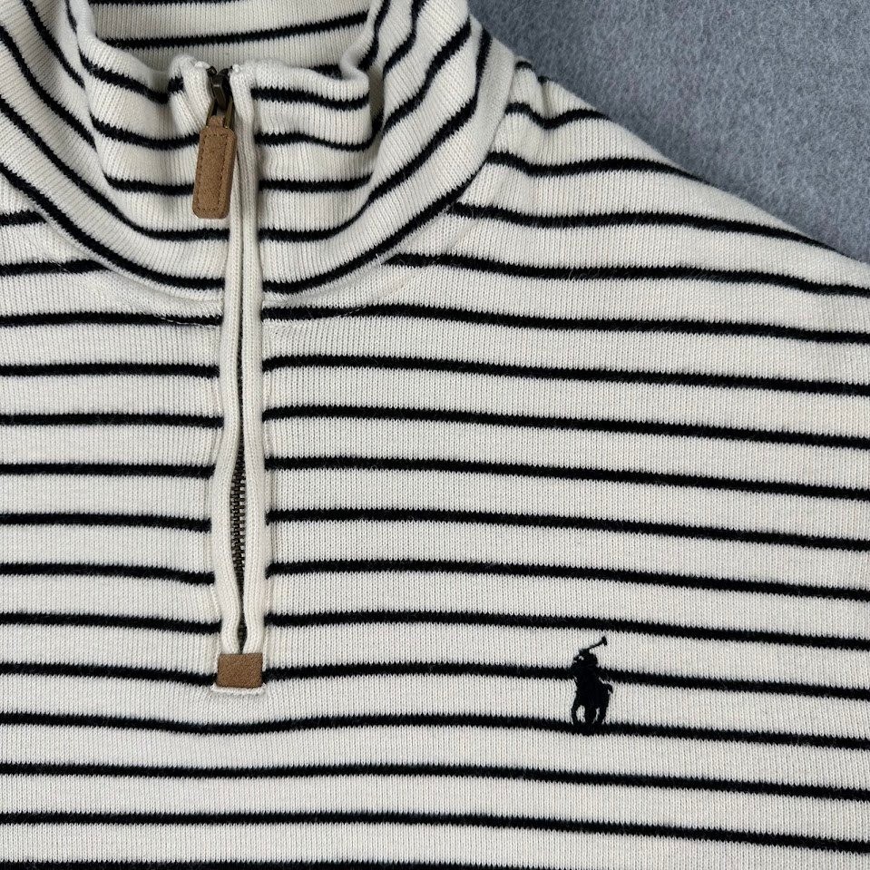 Polo Ralph Lauren Mens Medium Striped Quarter Zip Pullover Cotton Sweater Cream