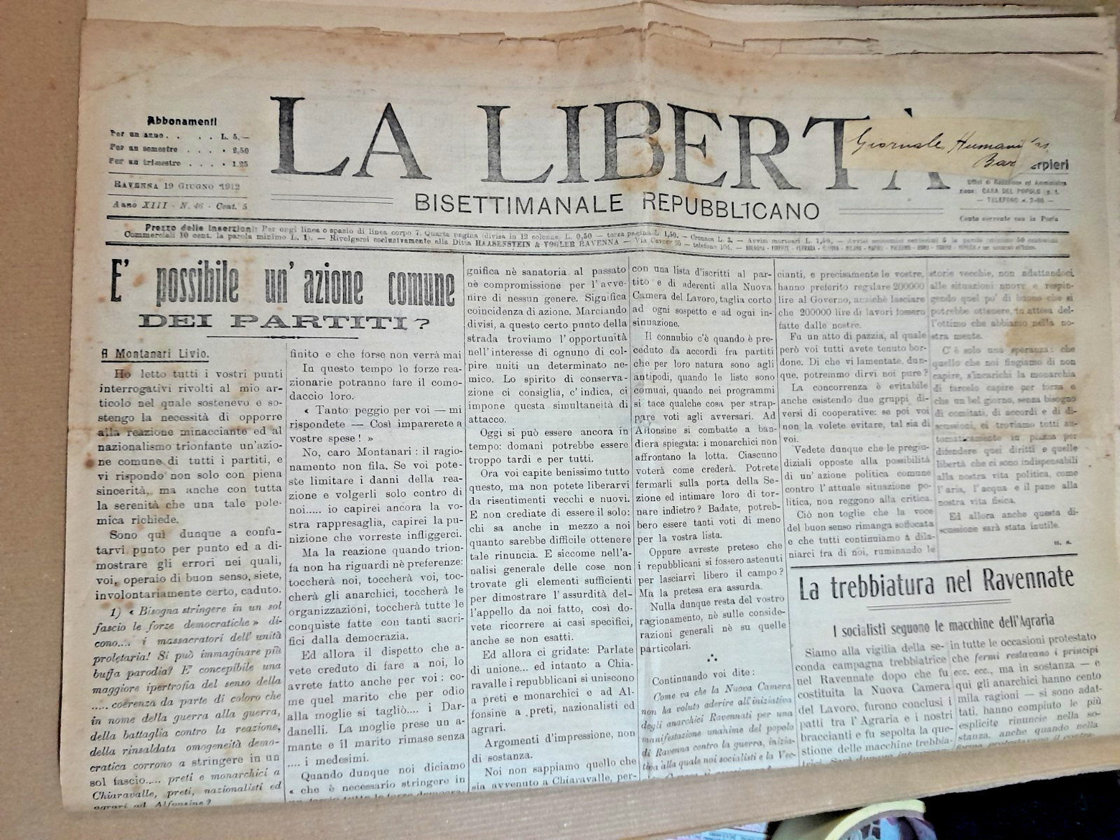 1912 RAVENNA "LA LIBERTA" BIWEEKLY REPUBLICAN TRAVELLED SEE