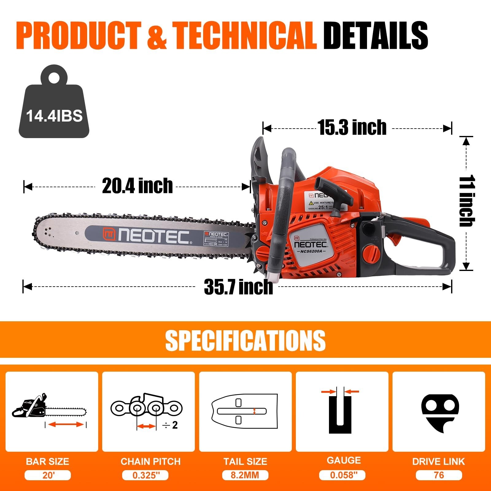 NEOTEC 20" Gasoline Chainsaw Petrol Gas Saw Wood Cutting 62cc 2 Stroke Upgraded