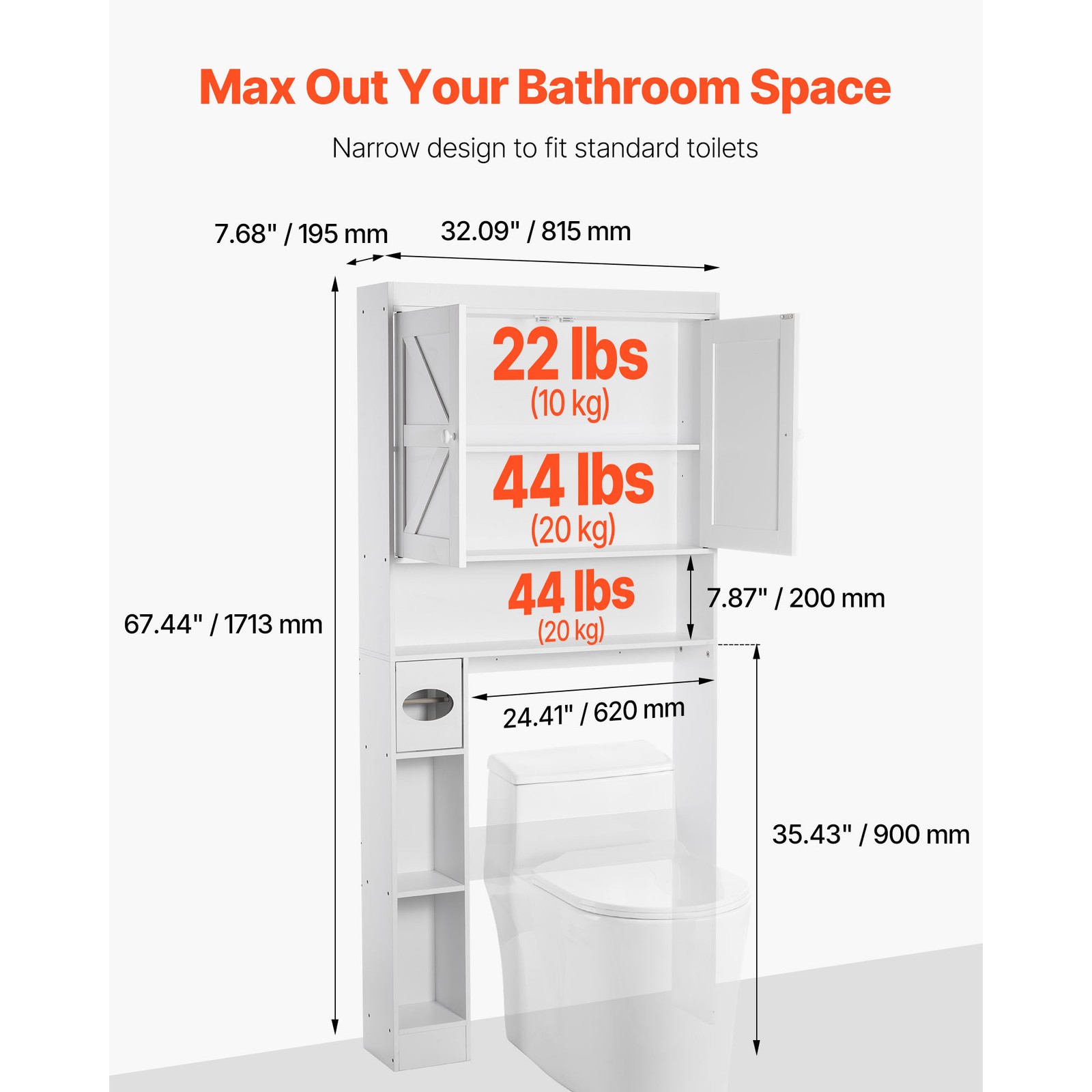 Over The Toilet Storage Cabinet for Bathroom with Adjustable Shelf White 67.4" H