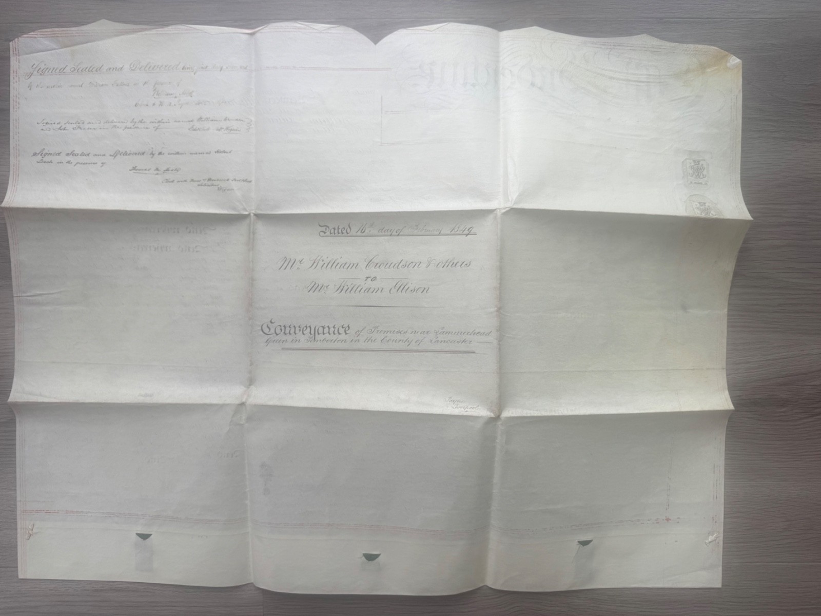 Pemberton Lancashire Vellum Indenture Land Deed 1849 Croudson to Fraser Wax Seal