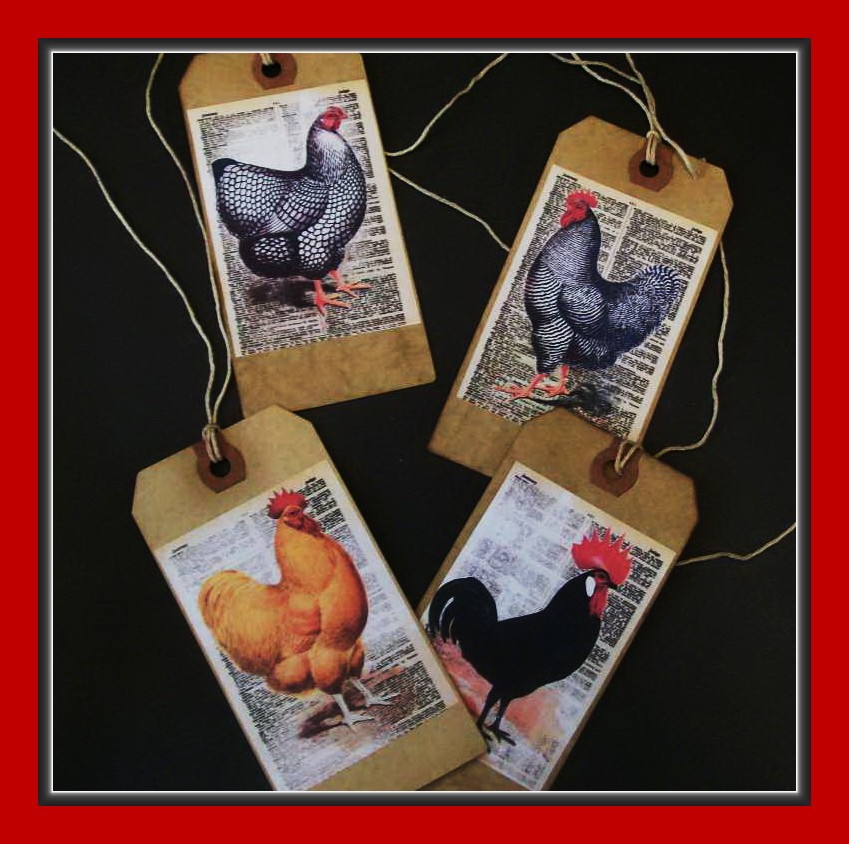 BARNYARD CHICKENS AND ROOSTERS - PRIMITIVE STYLE HANG TAGS - EIGHT - SET #2