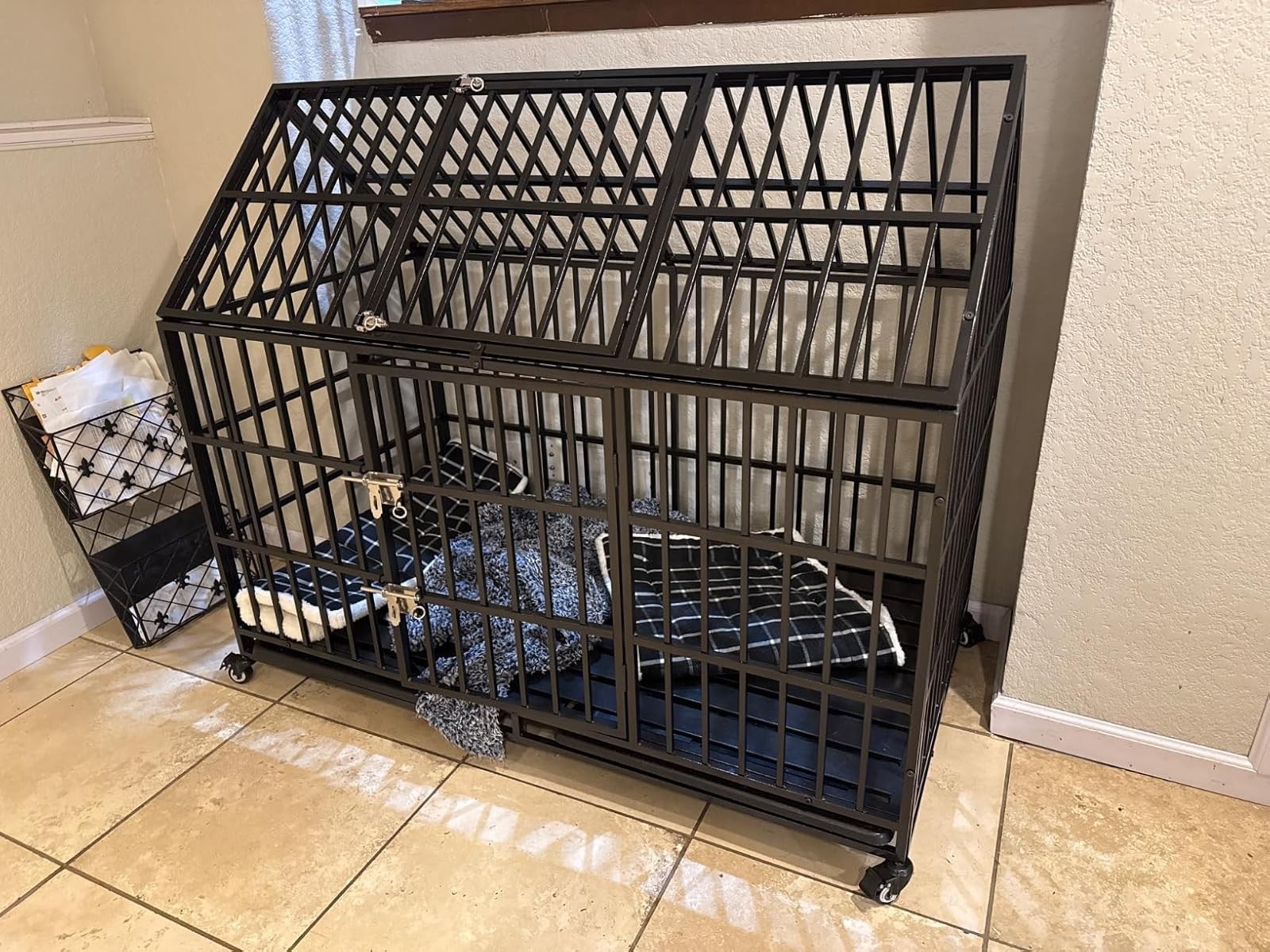 54'' Indestructible Heavy Duty Dog Crate Cage Kennel with 2 Bowls and 4 Wheels