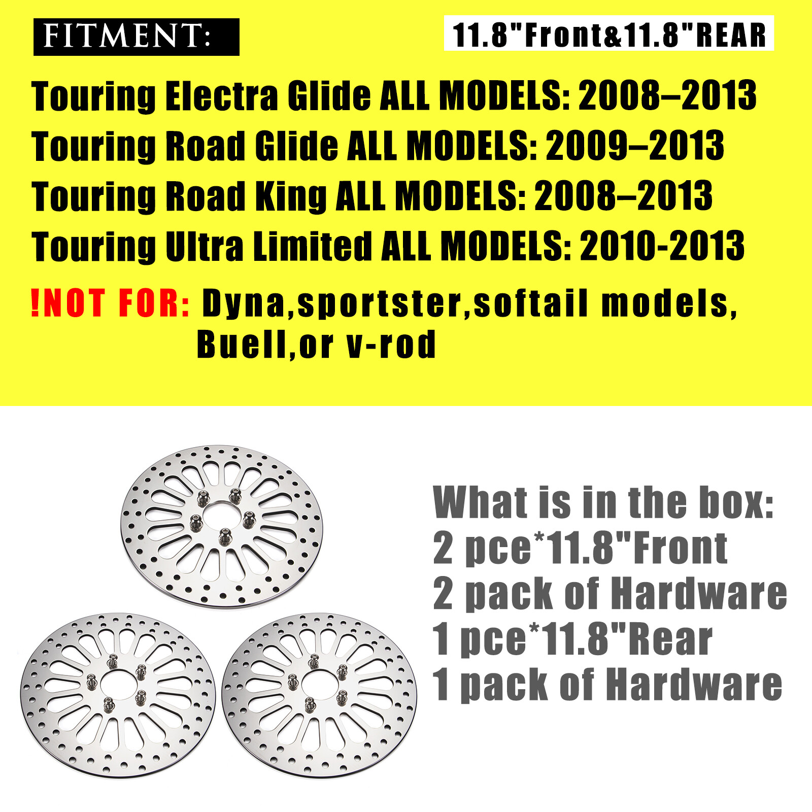 3pcs 11.8" Chrome Brake Rotors 2*Front +1*Rear Polished For Harley 2008-2013