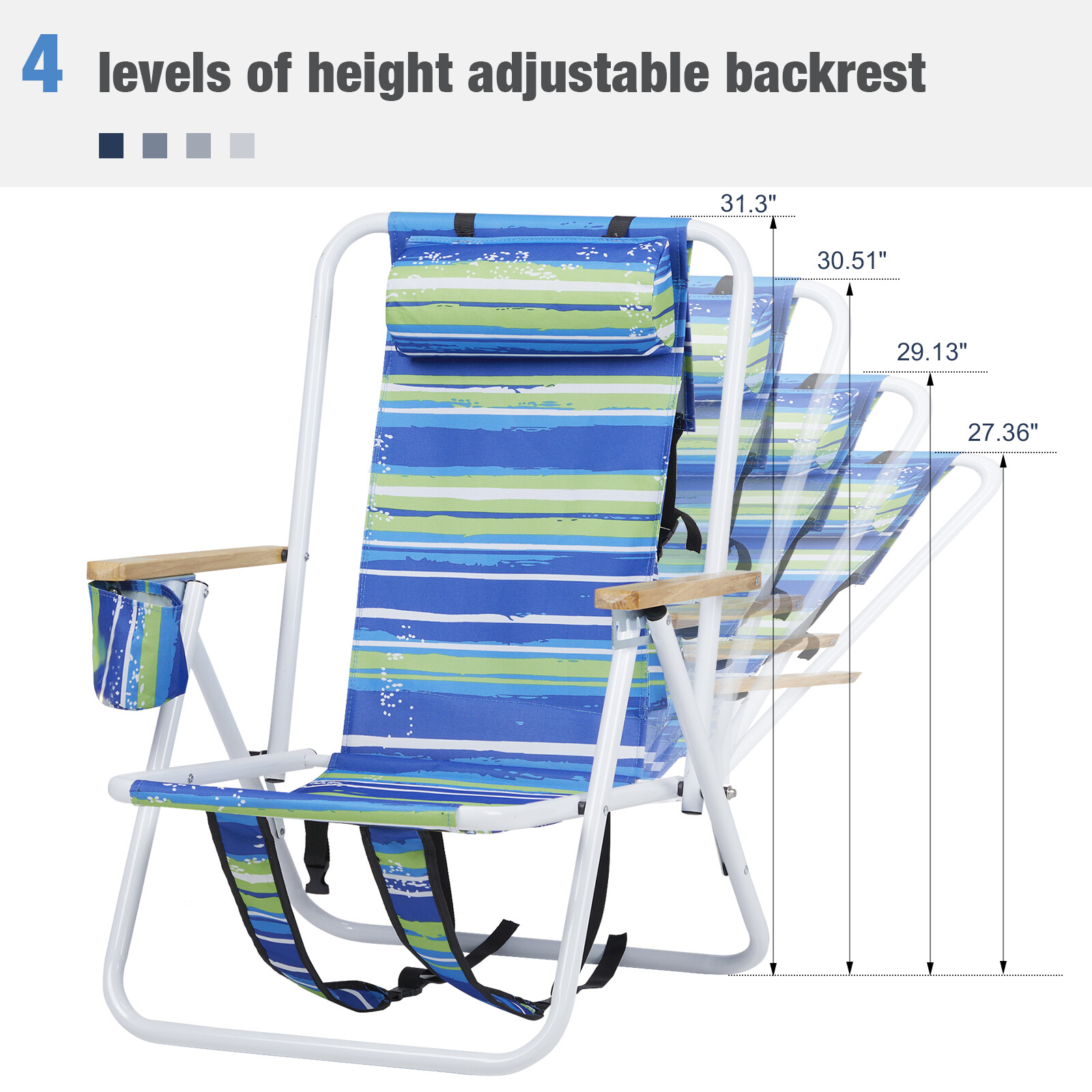 New 2 Pack Folding Beach Chair for Adults,4 Position Portable Backpack Blue