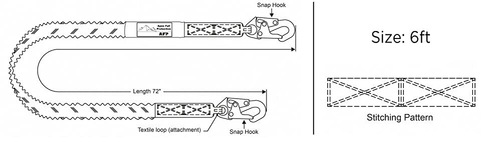 AFP New Fall Protection Safety Lanyard 6' Internal Shock-Absorbing w/ Snap Hook