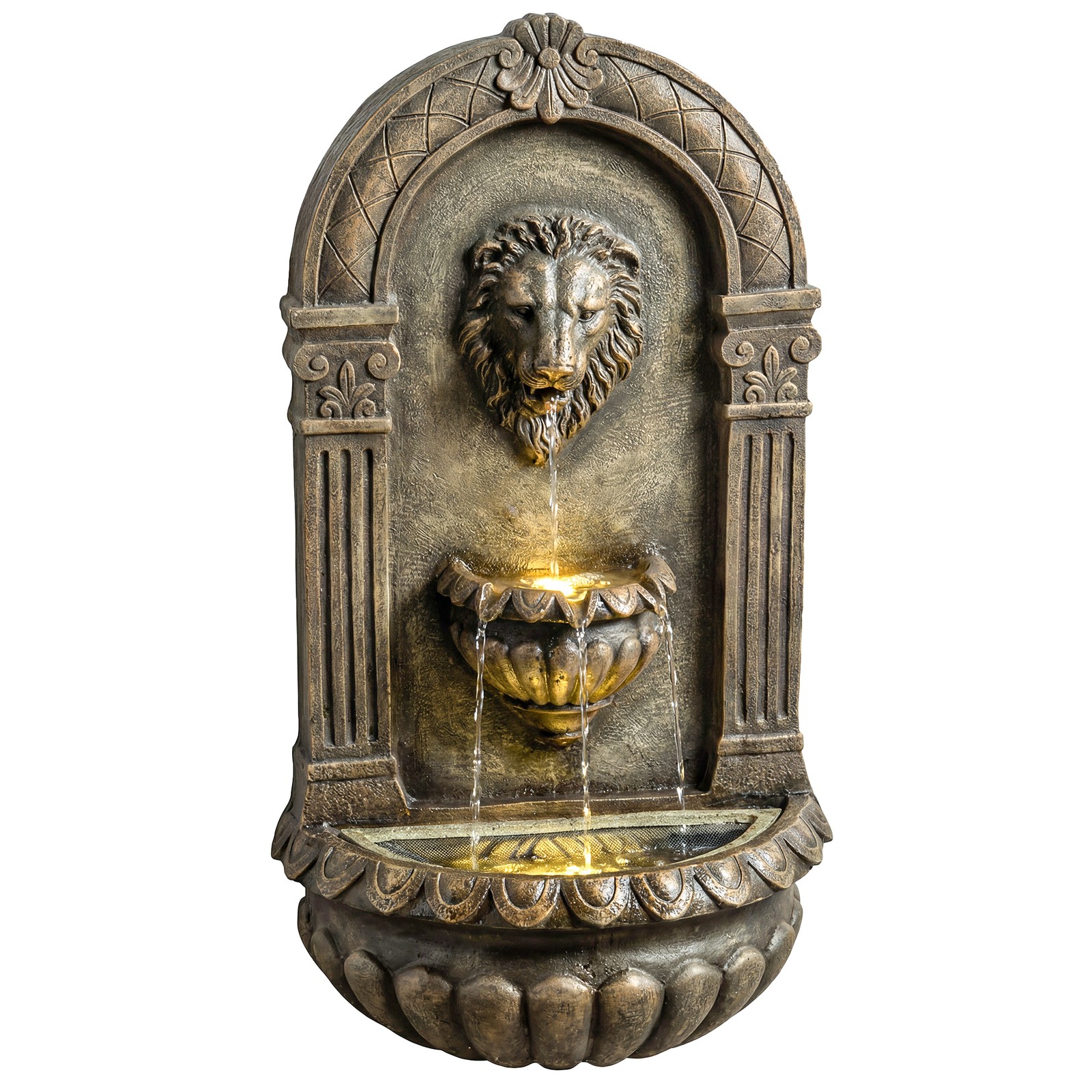 Wall-Mounted 3-Tier Outdoor Fountain with LED Lights, New