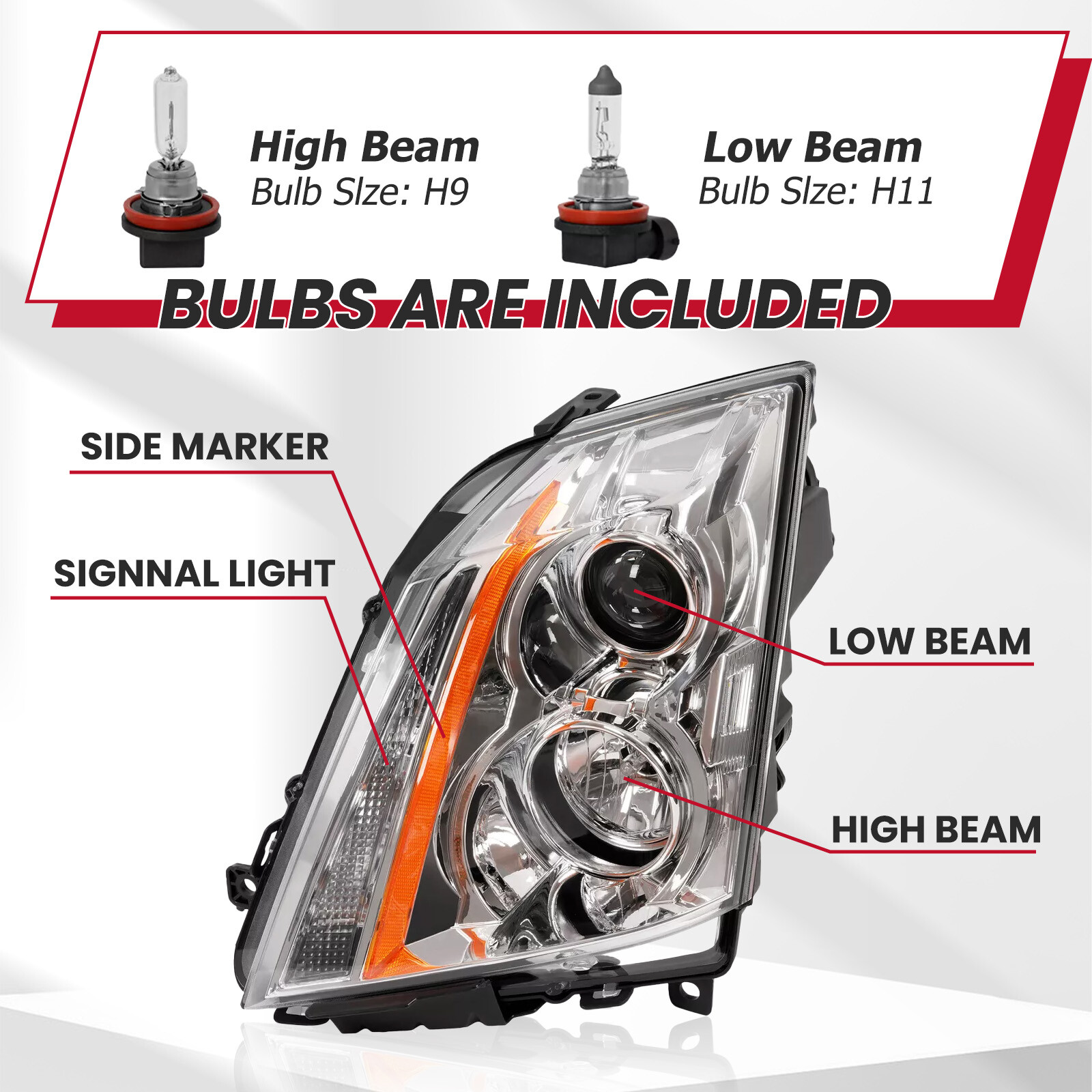 HECASA Halogen Pair Headlight For Cadillac CTS 08-15 Left and Right With Bulbs
