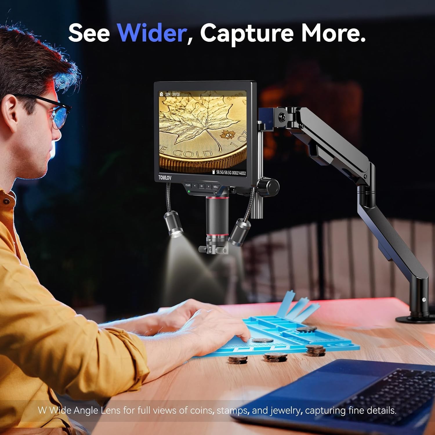 TOMLOV 3D Digital Soldering Microscope 38MP 2000X Coin Microscope Flex Arm 3K
