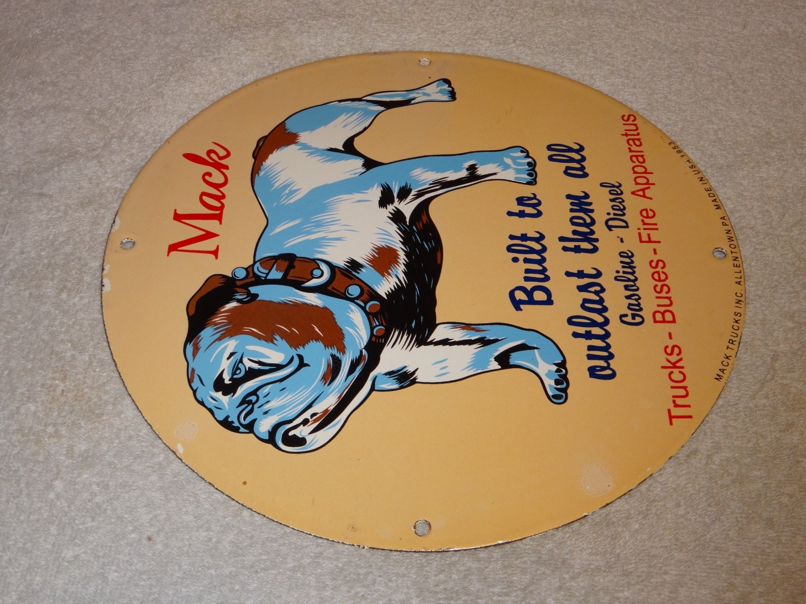 VINTAGE MACK🐶TRUCKS BUSES GASOLINE DIESEL 11 3/4" PORCELAIN METAL OIL DOG SIGN