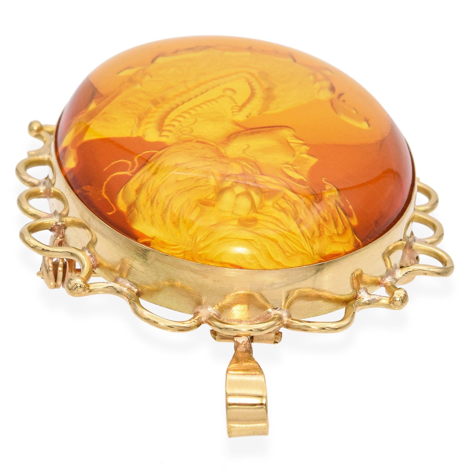 Vintage 18K Yellow Gold Carved Woman Amber Intaglio Brooch Pendant
