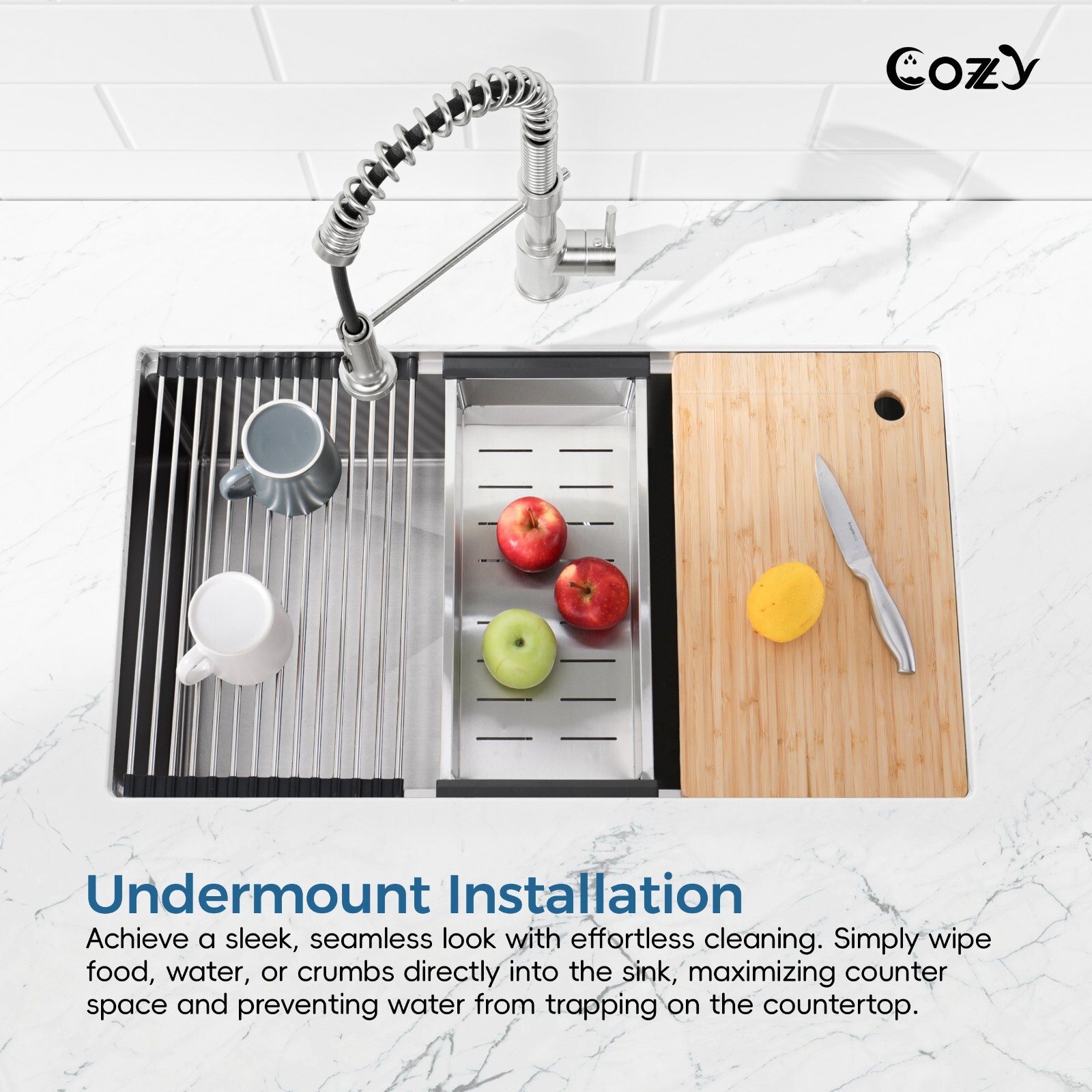 Cozy undermount stainless steel Brush sink 33x19x8 inch with accessory