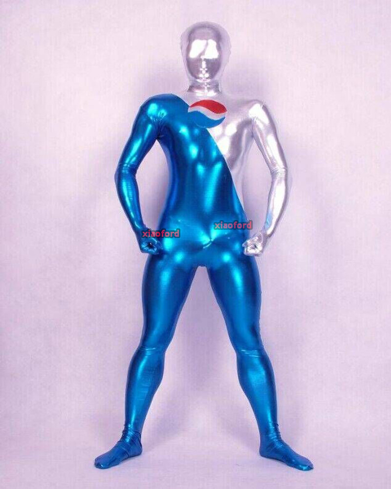 Halloween Blue and Silver Pepsi Shiny Metallic Pepsiman Zentai Costume Cosplay