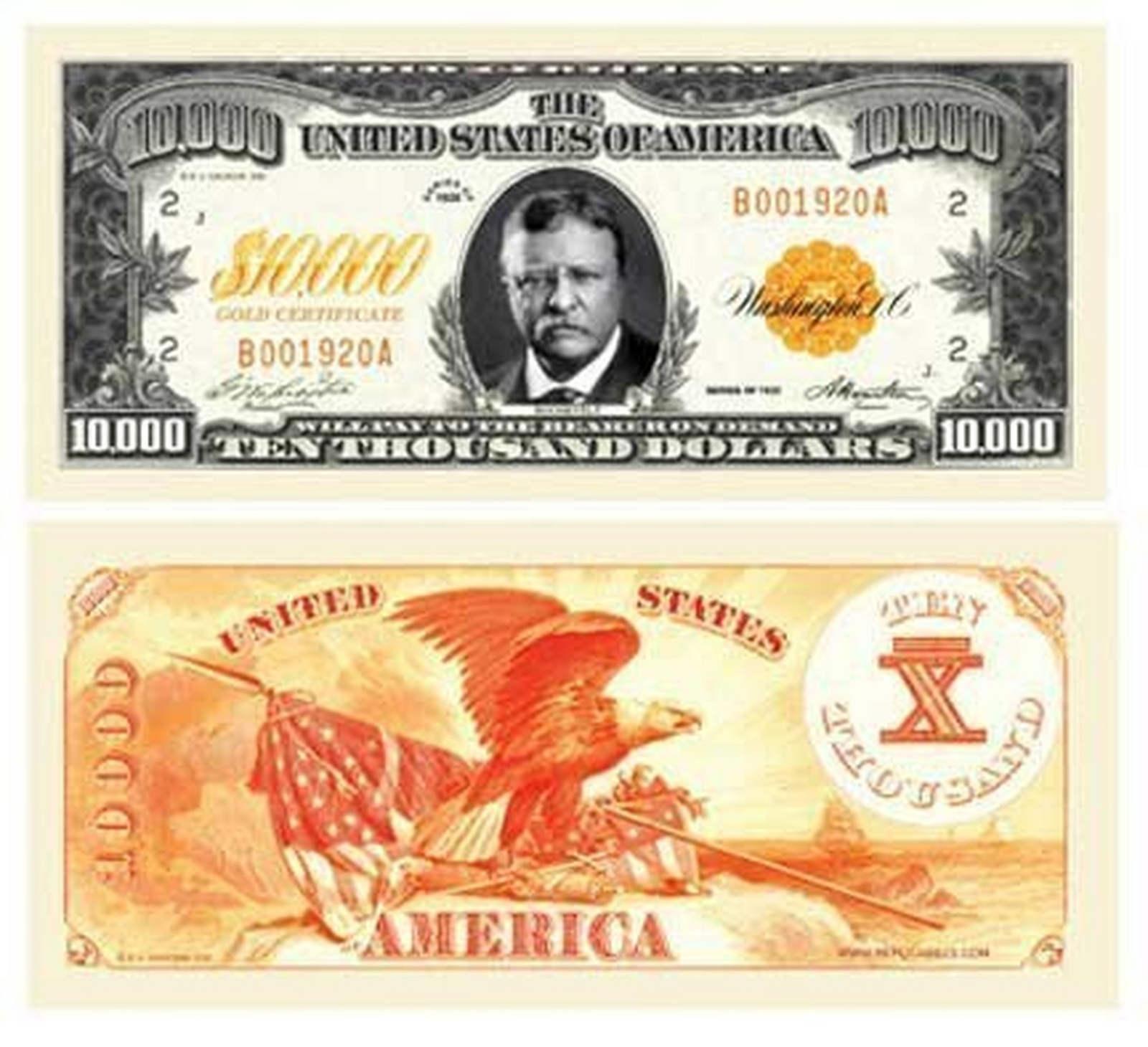Pack of 1000 Bills- $10,000.00 Ten Thousand Dollar Gold Certificate Novelty Bill
