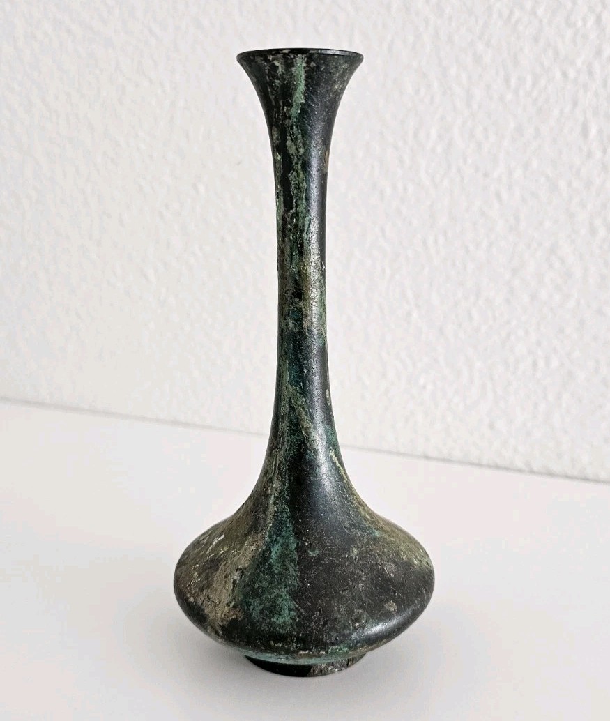 Antique Bronze Bud Vase Green Patina Bulbous Base Flared Neck Art Nouveau Flower