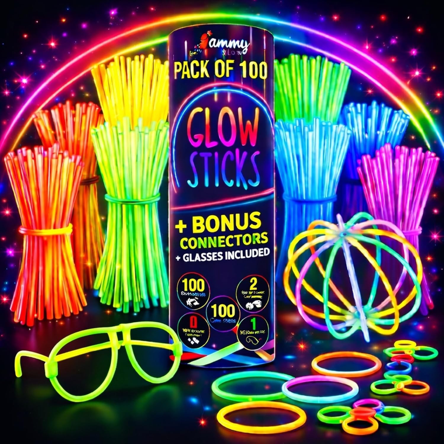 Vibrant 100 Pack Glow Sticks with Necklaces & Eyeglasses for Any Celebration