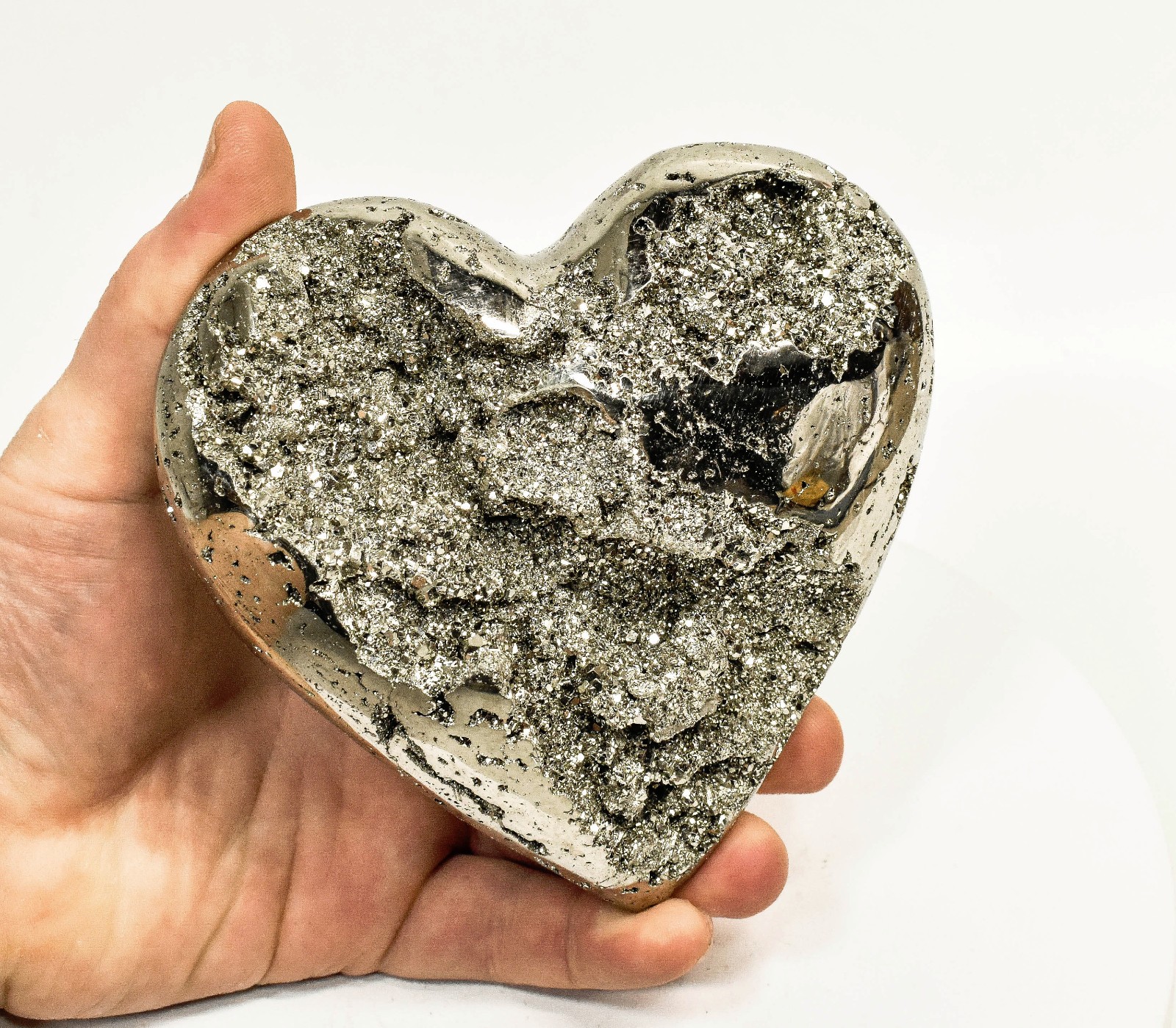 4.88" Polished PYRITE CRYSTAL HEART Carving Huanzala mine, Peru T705