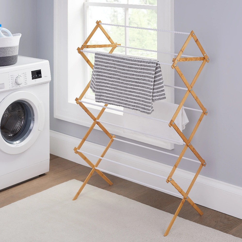 Space-Saving Collapsible Bamboo Laundry Clothes Drying Rack