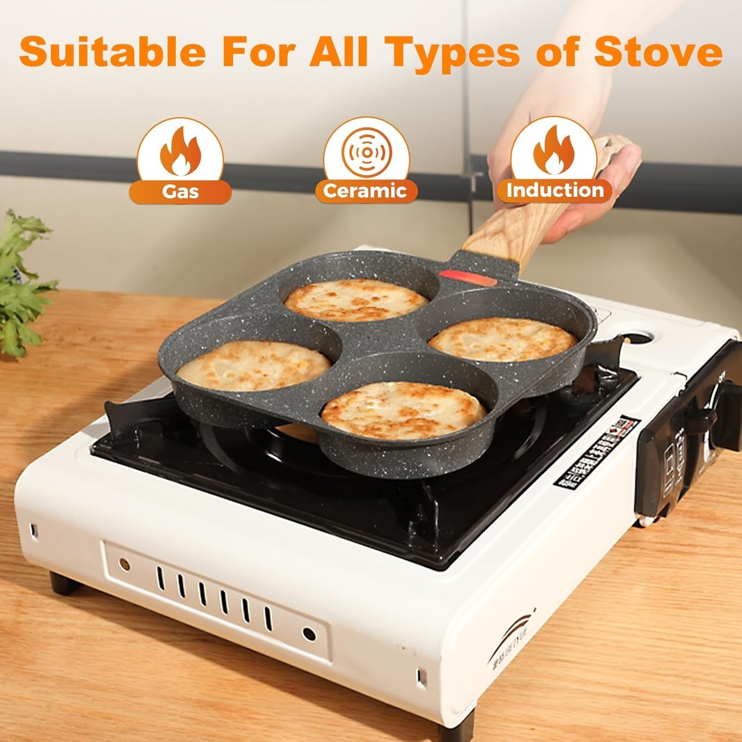 4 Hole Cup Egg Hamburger Pancake Maker Non-Stick Frying Pan with Wooden Handle