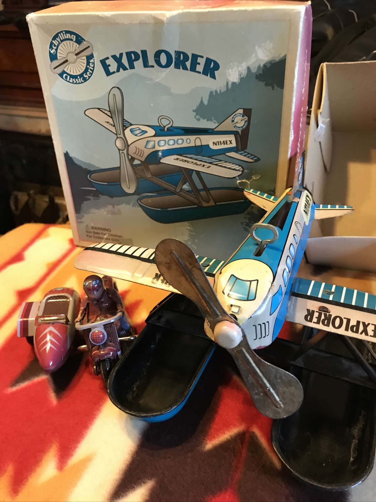 SCHYLLING Propeller Sea Plane Tin Windup Pontoon Box/ Motorcycle Side Car Rider