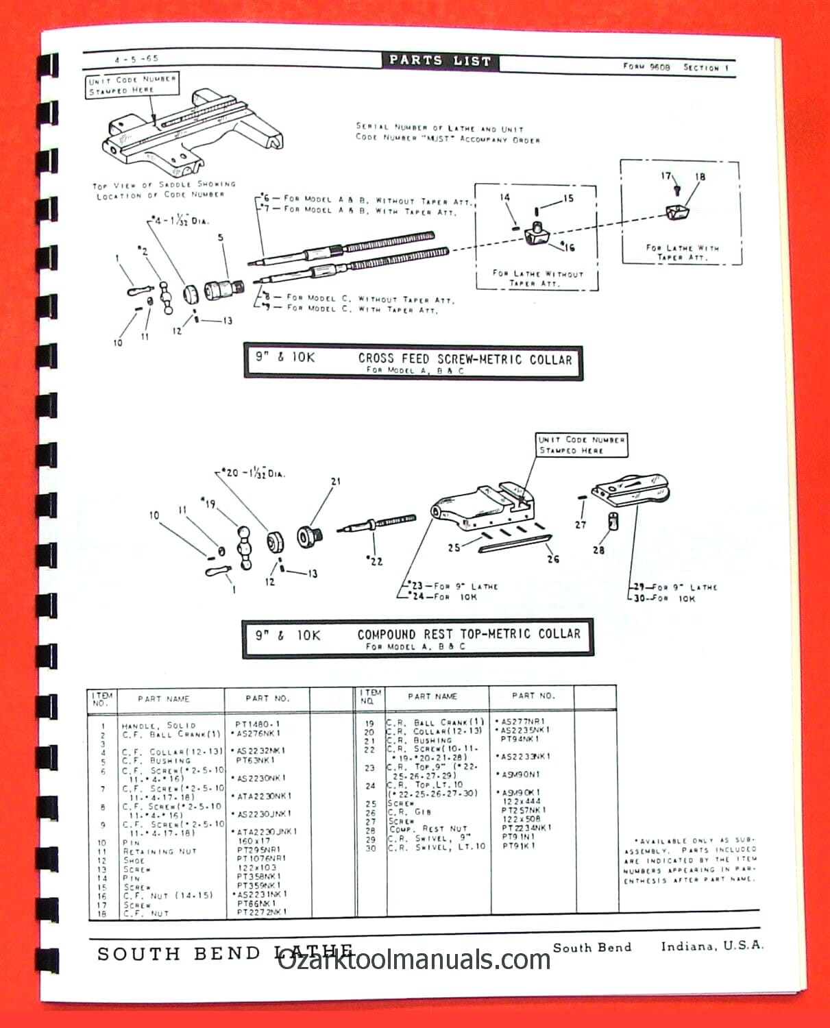 SOUTH BEND 9" & 10K "Light 10" Metal Lathe Parts Manual and Catalog 0674