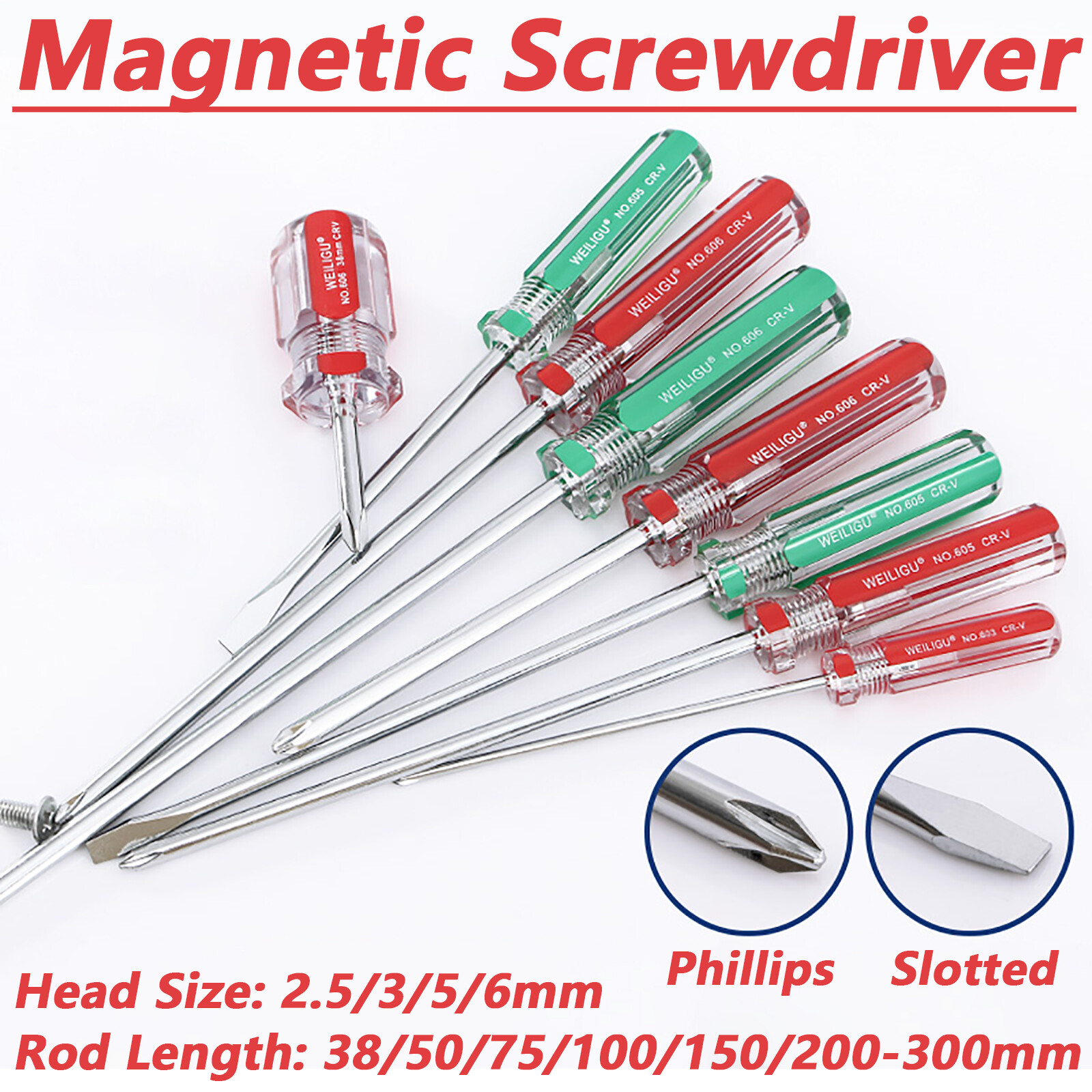 Phillips & Slotted Go Through Magnetic Mechanics Screwdriver Rod Dia 2.5/3/5/6mm