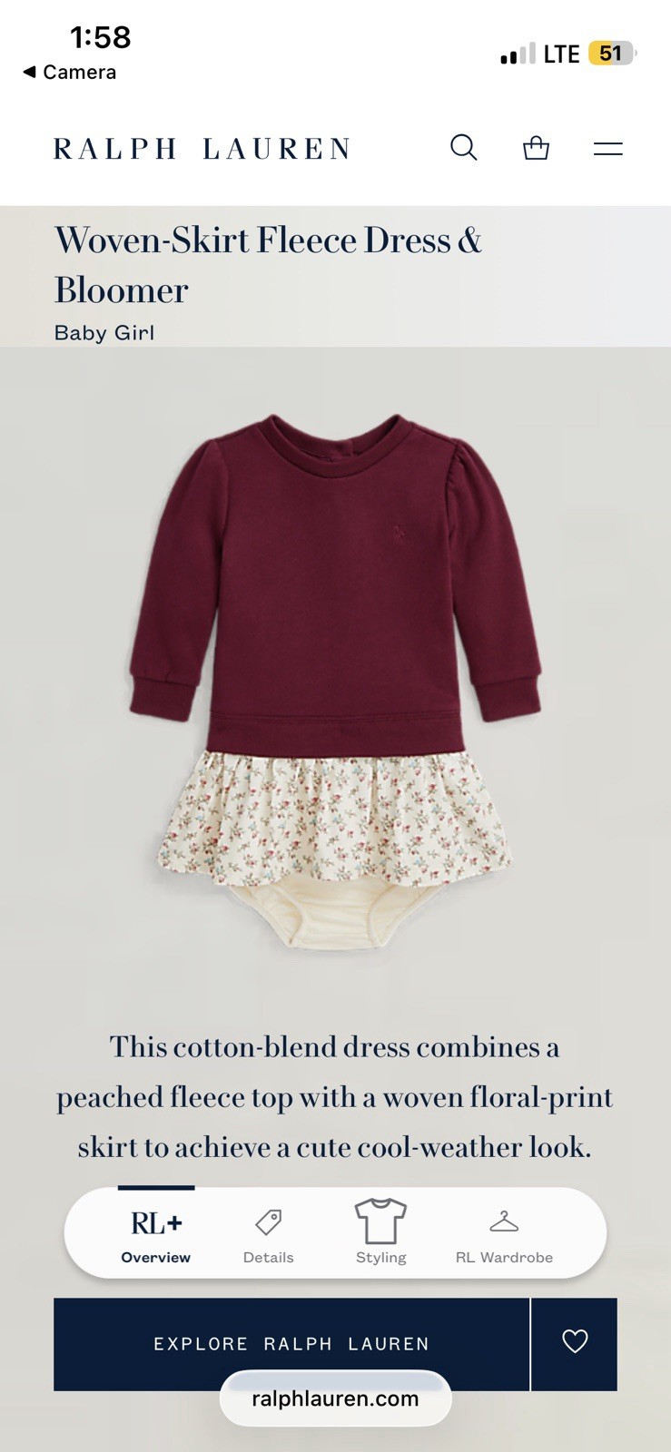 Polo Ralph Lauren Floral Fleece Sweatshirt Dress Baby Girl Size 6 Months NEW