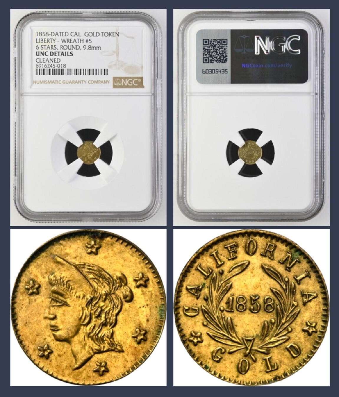 1858 CALIFORNIA FRACTIONAL GOLD LIBERTY, ROUND, 9.8mm / NGC UNC