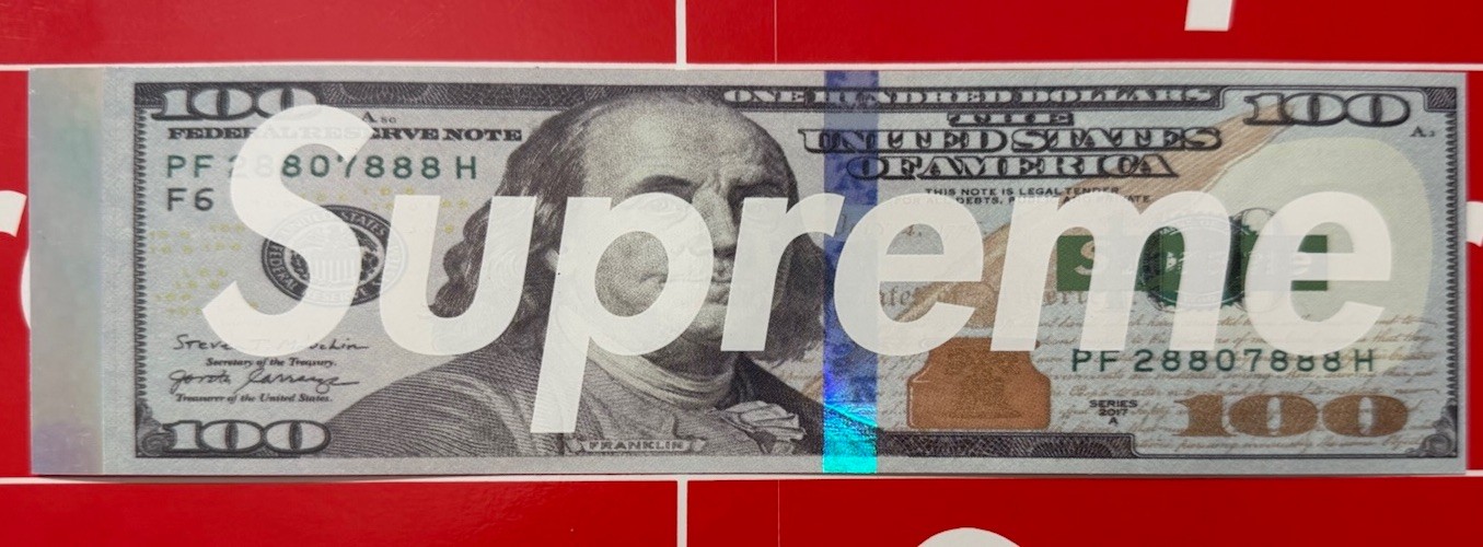 Supreme Money Ben Franklin $100 Dollar Bill Holographic Box Logo Sticker FW25