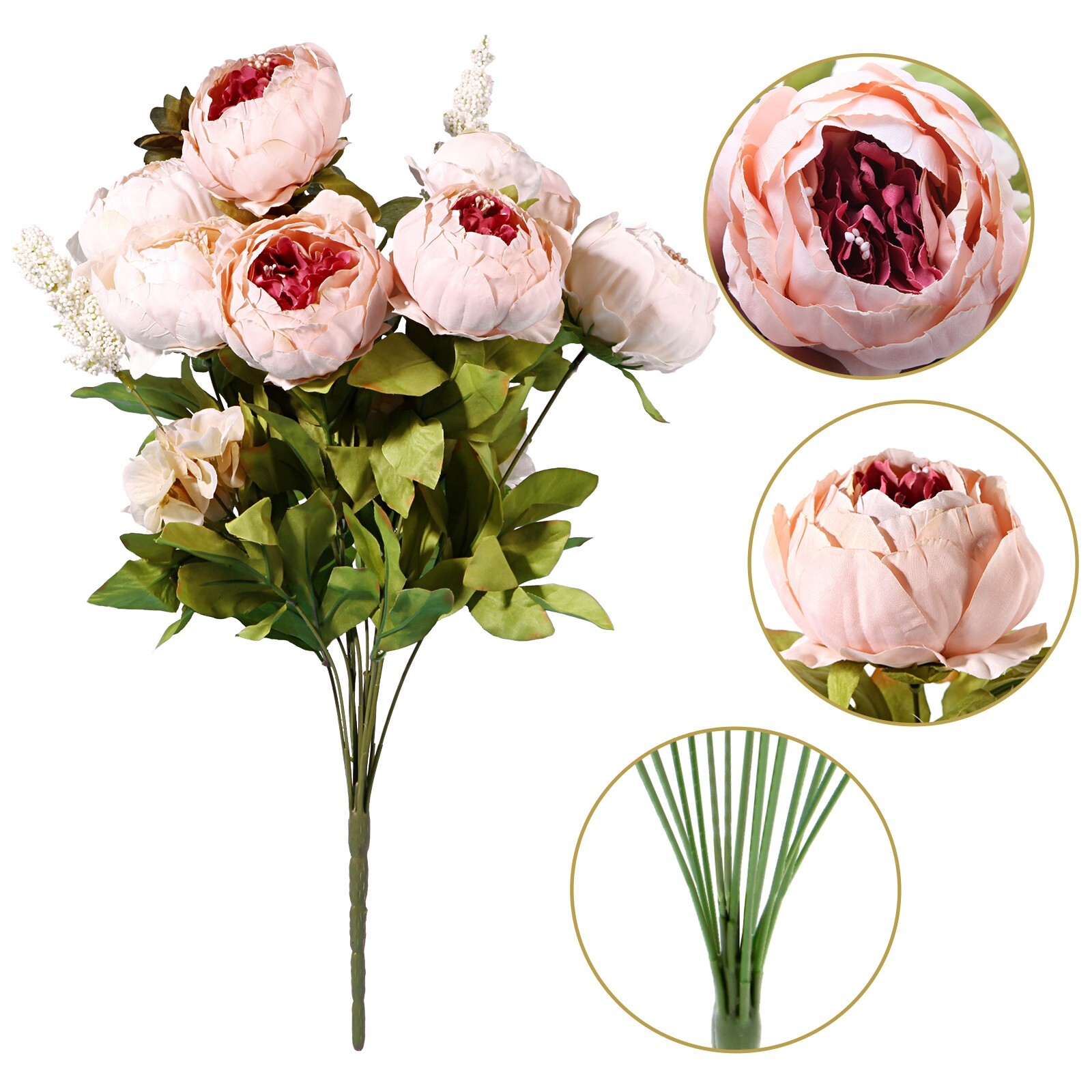 EZFLOWERY 2 PACK Artificial Peony Silk Flowers Arrangement Bouquet - Peach