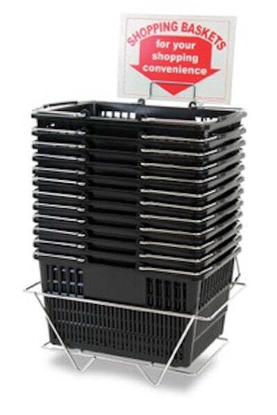 Shopping Basket Set of 12 Plastic with Sign and Stand (Metal Handles)