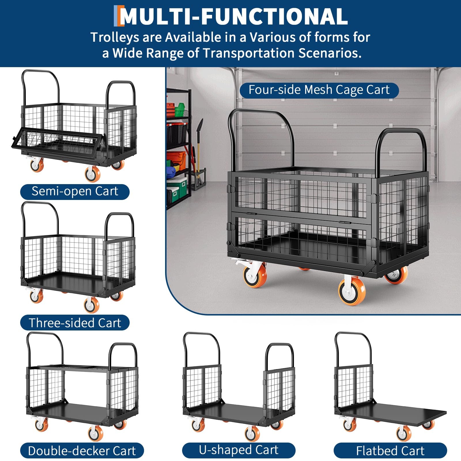 Platform Truck Cart with Cage 6 in 1 Heavy Duty Push Cart Dolly 1800LBS Capacity