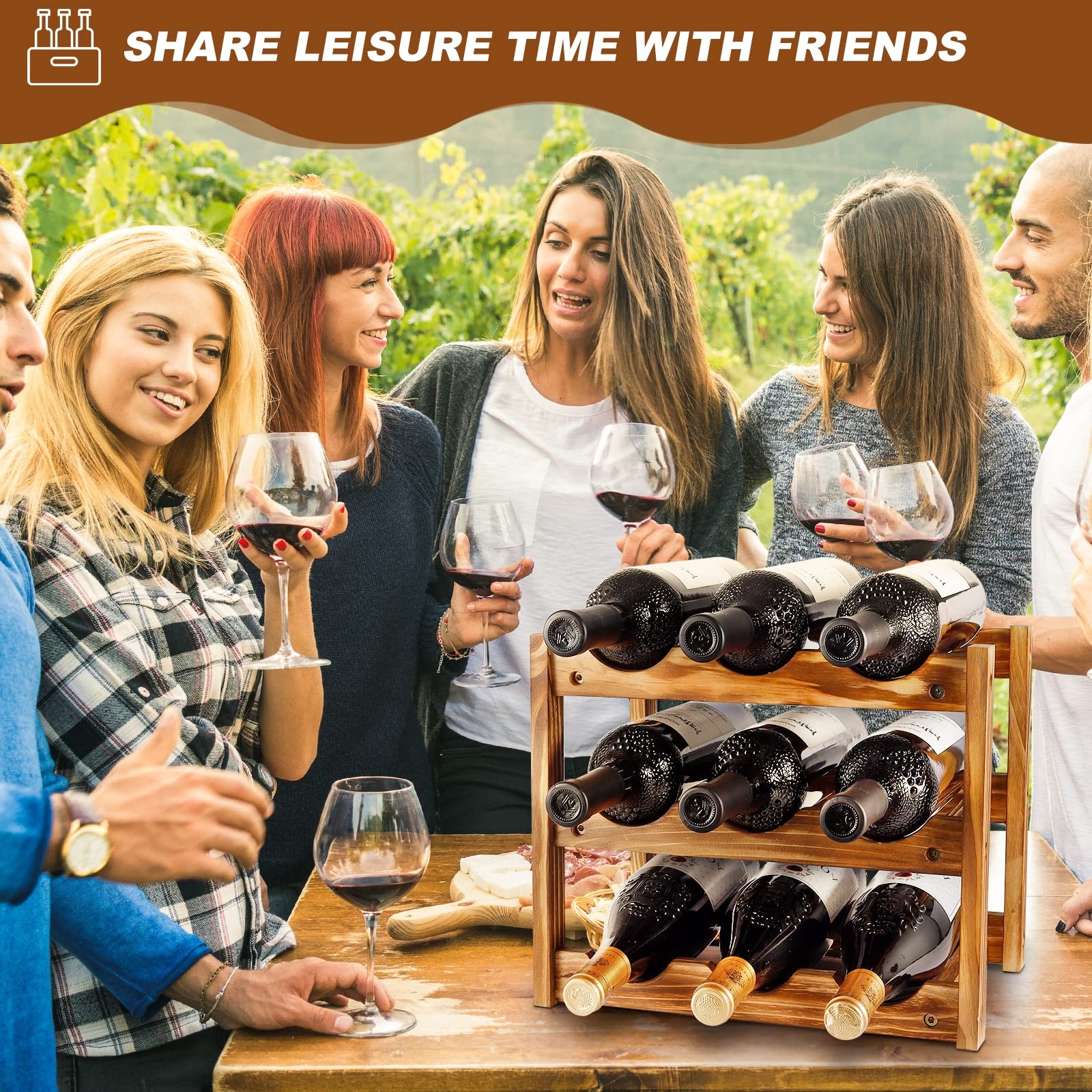 Wine Rack 9 Bottle 3-Tier Wood Wine Storage Easy-Assembly Space-Saving for Wine