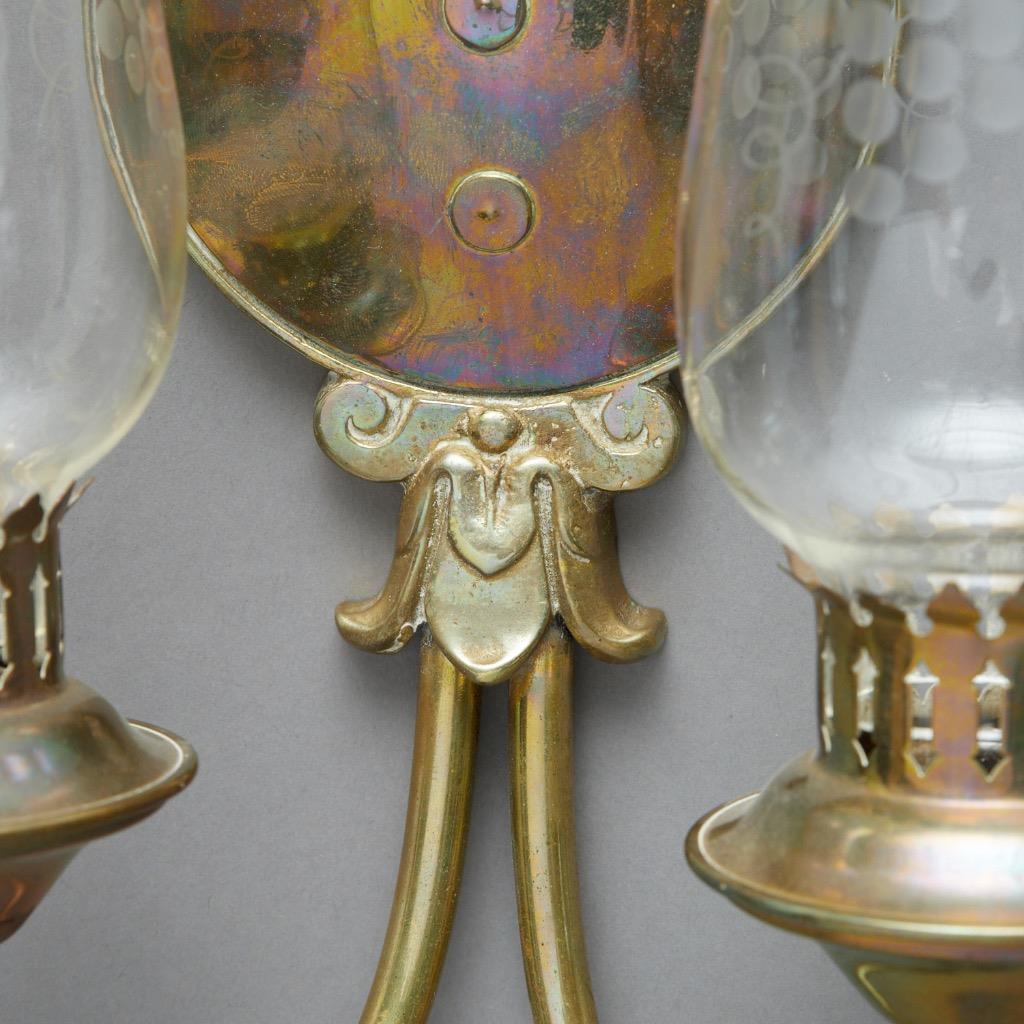 Pair Patinated Brass Etched Grape Glass Hurricane Two Armed Sconces 12.25"h