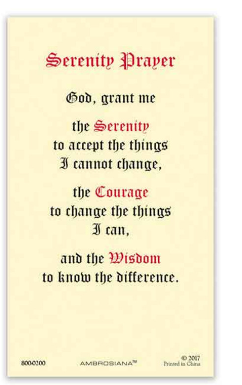 Laminated Serenity Prayer Holy Prayer Card Catholic Serenity Courage Wisdom