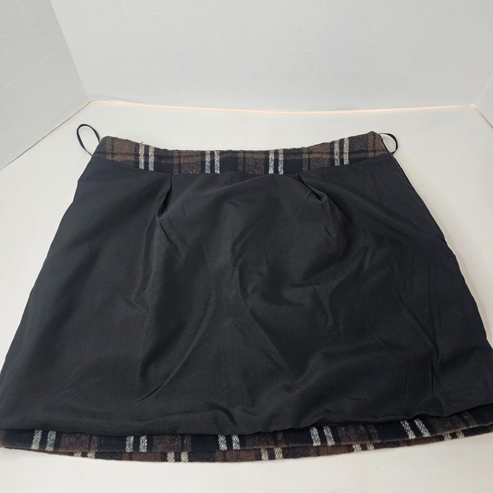 Women Plaid Mini Skirt Brown Black Wool Blend Autumn Size L Side Zip