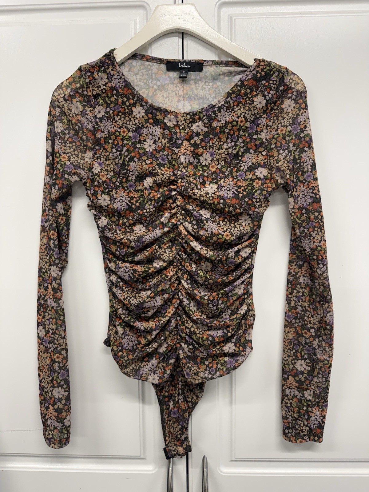 Lulus Whimsical Garden Fairy Goth Bodysuit Mesh Rutched Long Sleeve Size Small