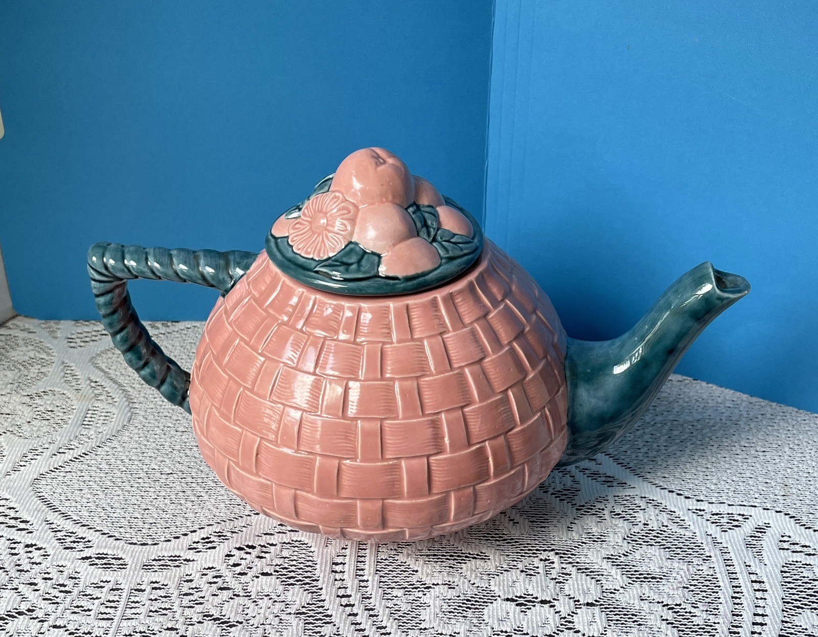 Ceramic Teapot Pink & Teal Basketweave Country Flare Cottagecore Signed Dated