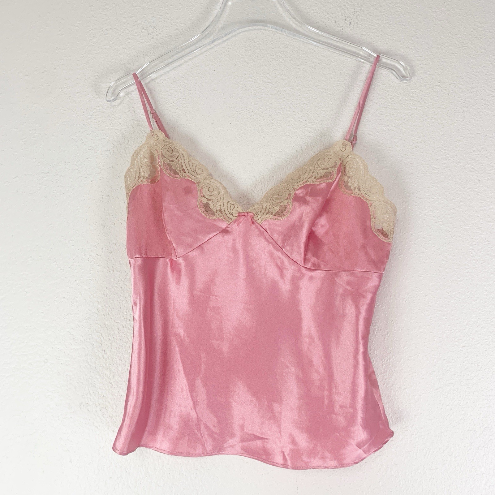 Small Babydoll Camisole Top Satin Lace Trim Pink Tan Coquette Dainty Y2K Fairy