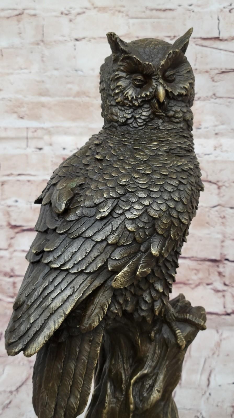 Bronze Statue Owl Marble Base Bird Sculpture Hot Cast Figurine Art Home Gift