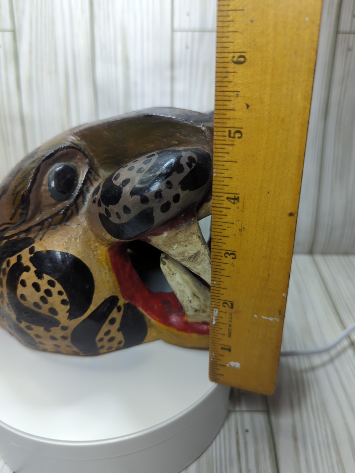 Mexican Nahua Folk Art Guerrero Carved Wood Cat Jaguar Animal Head