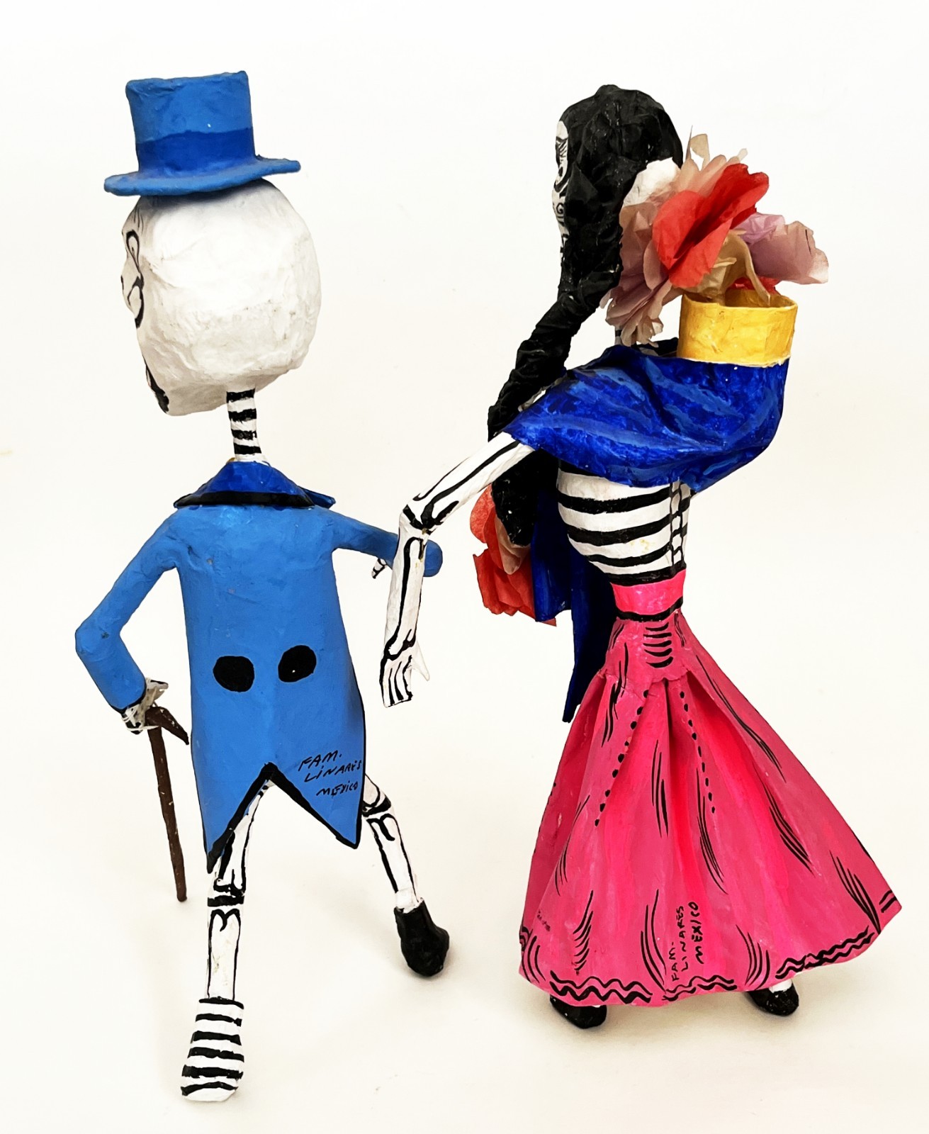 2 1970s SIGNED LINARES MEXICAN CARTONERIA PAPER MACHE SKELETON CATRINA SCULPTURE