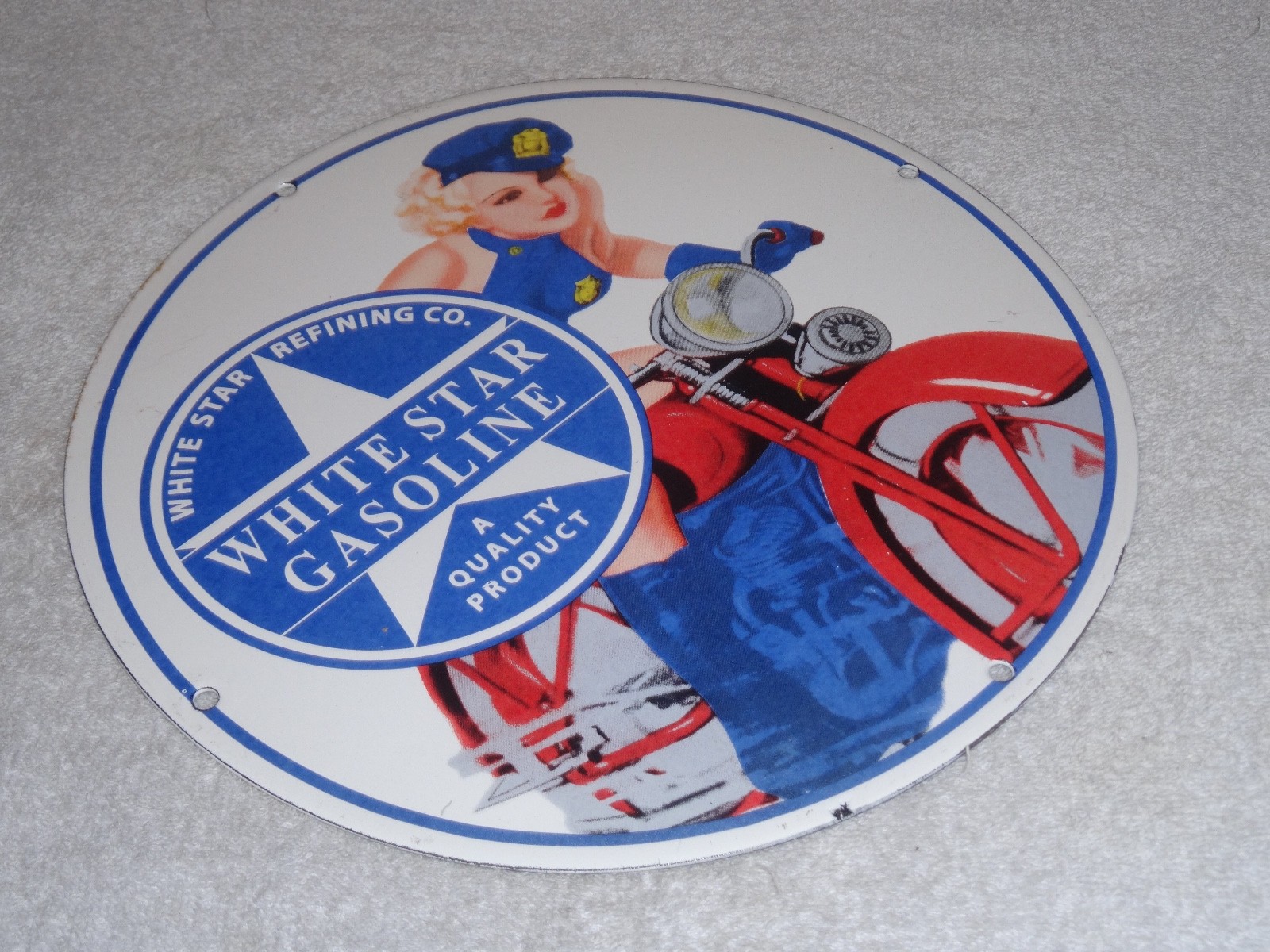 VINTAGE WHITE STAR GASOLINE "WOMAN ON MOTORCYCLE" 12" PORCELAIN METAL MOBIL SIGN