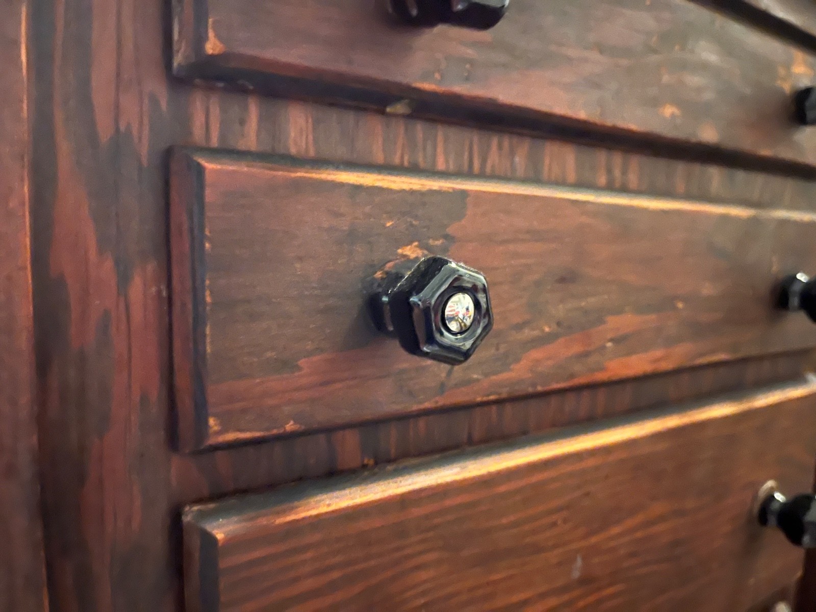 Set 12 NEW Small 1” BLACK Hexagonal GLASS Cabinet KNOBS w/ Nickel Bolts