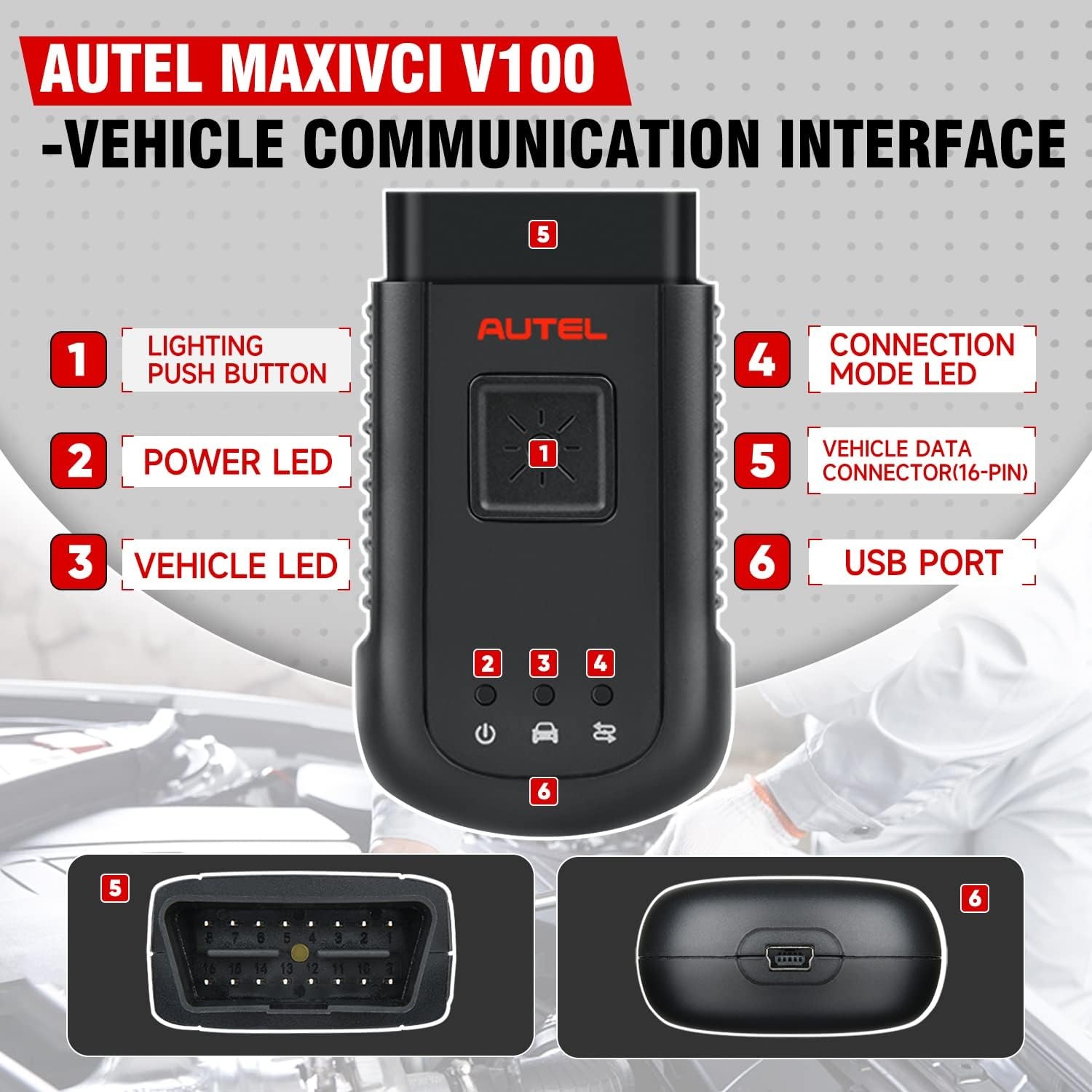 AUTEL MaxiSYS VCI100 Bluetooth for MS906BT MK908 MS908 Elite MS909 MS919 Ultra
