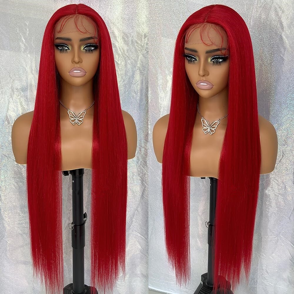 Women Red Hair Lace Front Wigs Synthetic Long Straight Wig Heat Resistant Party
