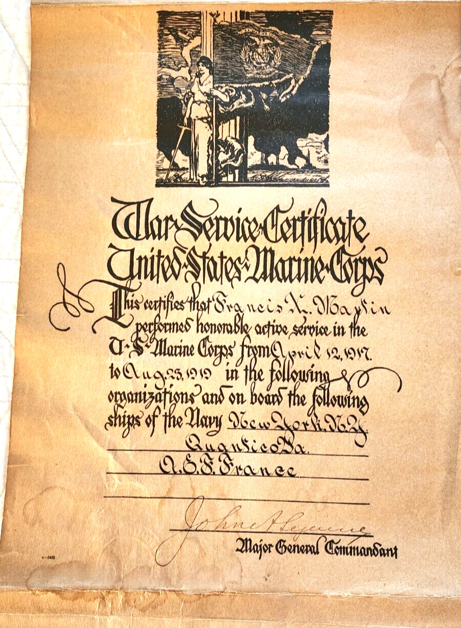 WWI 1917-19 USMC MARINE CORPS SERVICE CERTIFICATE AEF FRANCE JONH LEJEUNE SIGNED