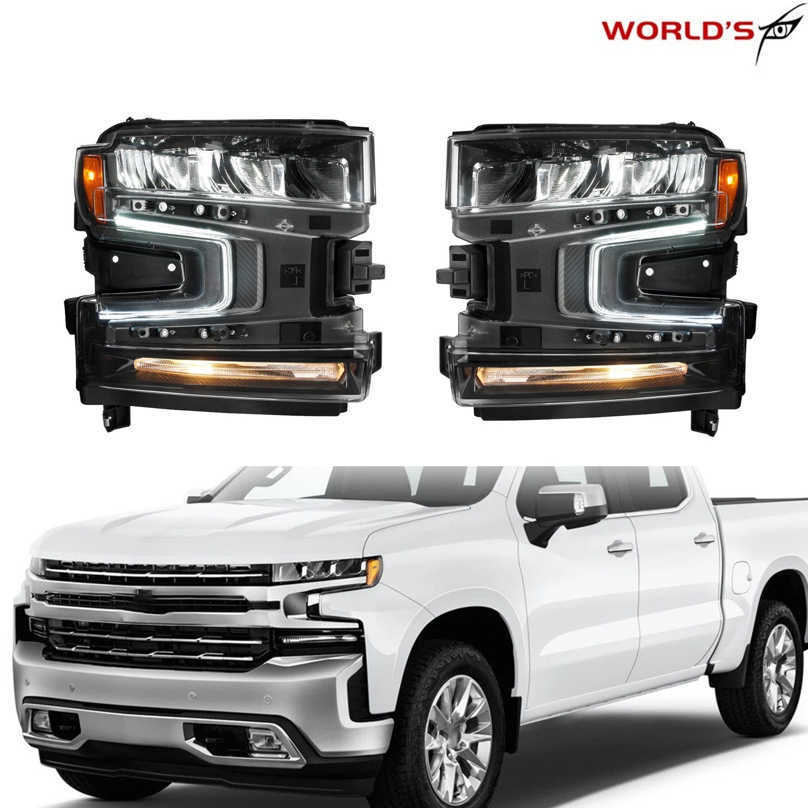 For Chevy Silverado1500 2019-2021 LH&RH Headlights Assembly LED W/Halogen Signal
